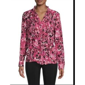 Nanette Lepore Pink Floral Long Sleeve Blouse Button Up Blouse M Pleat Front‎